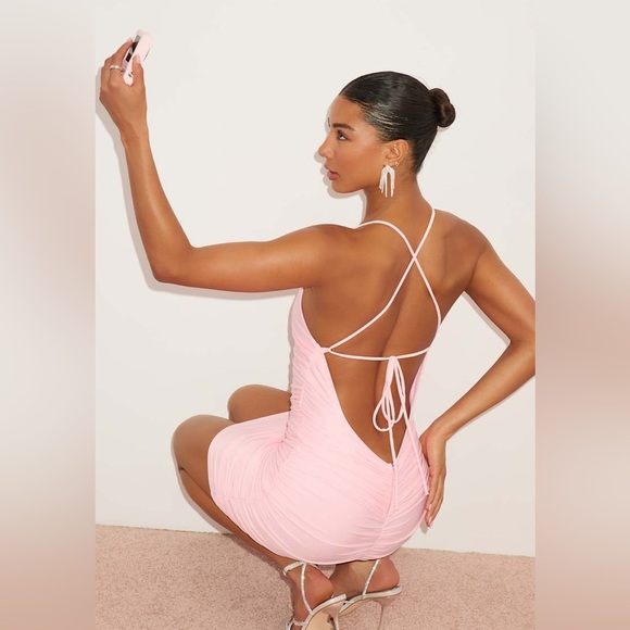 NWT Lulus Confident Allure Light Pink Ruched Lace-Up Bodycon Mini Dress Size L - Picture 7 of 10